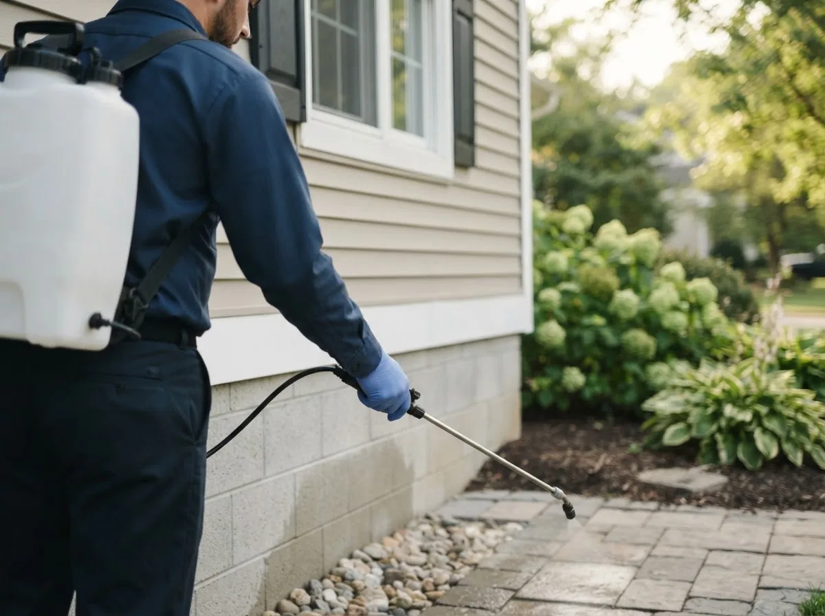 Pest control technician inspecting a home in Palm City, FL